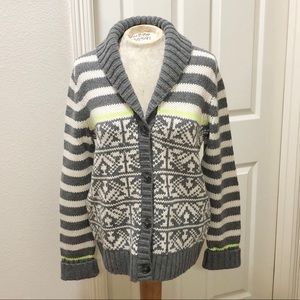 Gap Women’s Nordic Style Gray/White/Lime Cardigan Sweater w/Shawl Collar - L
